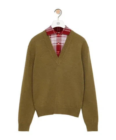 Loewe Wool Plaid Jacquard Sweater In Green