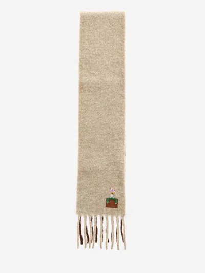 Loewe Alpaca Wool Scarf With Embroidery And Fringe In Neutral
