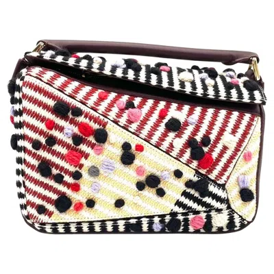 Pre-owned Loewe X Albers Puzzle Small Multicolor Woven Wool And Leather With Pompoms In Sand