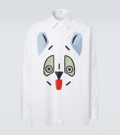 Loewe Mens White Cat Face Embroidered Cotton Shirt
