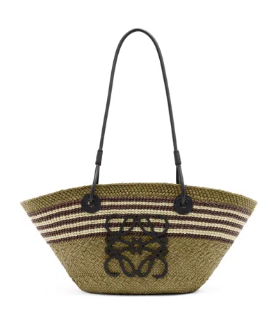 Loewe Anagram Stripes Small Basket In Iraca Palm And Calfskin In Green