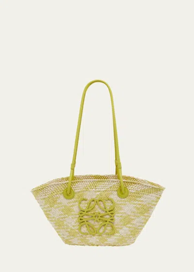Loewe X Paula's Ibiza Anagram Basket Shoulder Bag In Checkered Iraca Palm With Leather Handles In Natural Lime Green