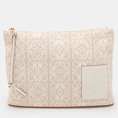 Pre-owned Loewe X Paula's Ibiza Beige/white Canvas And Leather Anagram Pouch Clutch
