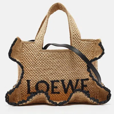 Pre-owned Loewe X Paula's Ibiza Black/natural Raffia Small Ruffle Tote In Tan