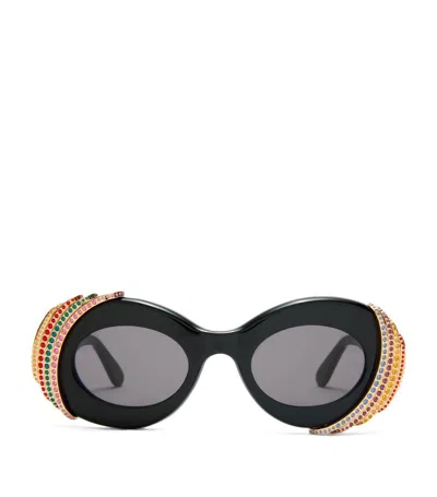 Loewe + Paula's Ibiza Oval-frame Crystal-embellished Gold-tone And Acetate Sunglasses In Black