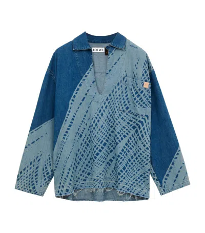 Loewe Paula's Ibiza Logo-appliquéd Frayed Printed Denim Shirt In Blue