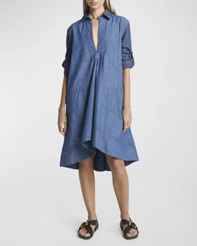 Loewe X Paula Ibiza Denim Wrap Tunic Dress With Rolled Cuff Sleeves In Indigo Blue