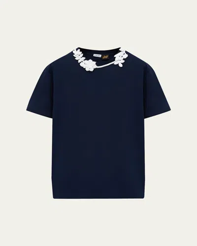 Loewe X Paula's Ibiza Floral Crochet-collar Short-sleeve T-shirt In Blue