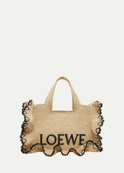 Loewe X Paula's Ibiza Font Logo Small Tote Bag In Raffia With Ruffles In Brown