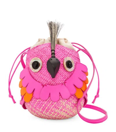 Loewe X Paula's Ibiza Bird Bag In Iraca Palm With Leather Strap In Pink