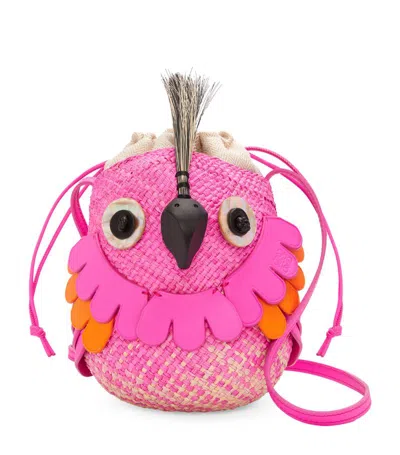 Loewe X Paula's Ibiza Bird Bag In Iraca Palm With Leather Strap In Natural/fuchsia