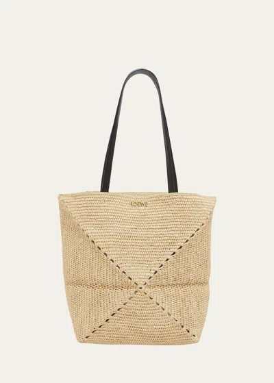 Loewe X Paula's Ibiza Medium Puzzle Fold Tote Bag In Raffia With Leather Handles In Natural