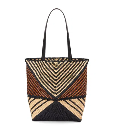 Loewe X Paula's Ibiza Medium Puzzle Fold Tote Bag In Striped Raffia With Leather Handles In Natural/honey Gol