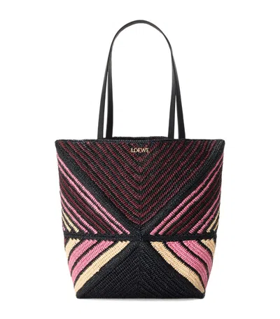 Loewe X Paula's Ibiza Medium Puzzle Fold Tote Bag In Striped Raffia With Leather Handles In Pink Burgundy