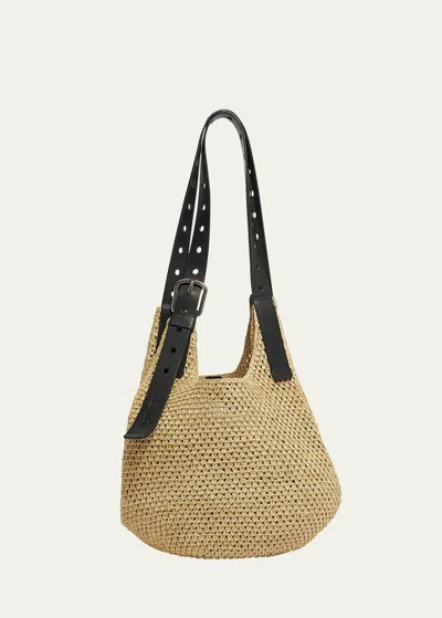 Loewe X Paula's Ibiza Punch Hole Hobo Bag In Raffia With Leather Strap In Natural/black