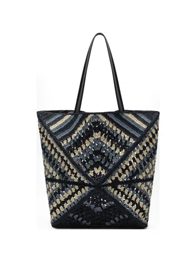 Loewe Puzzle Fold Xl Tote Bag In Raffia Shoulder Bags Blue In Black