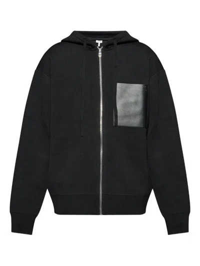Loewe Knitted Full-zip Hoodie With Leather Pocket In Black