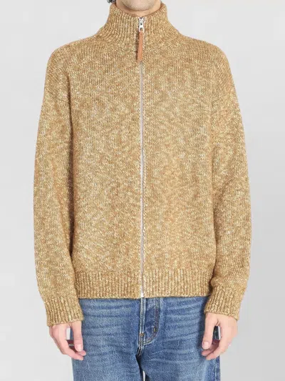 Loewe Zip Front Knitted Cotton Blend Cardigan In Brown
