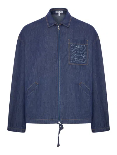 Loewe Zip-up Denim Jacket With Embroidered Pocket In Blue