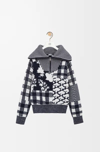 Loewe Zip-up Sweater In Wool Size:m For Woman In Navy/white