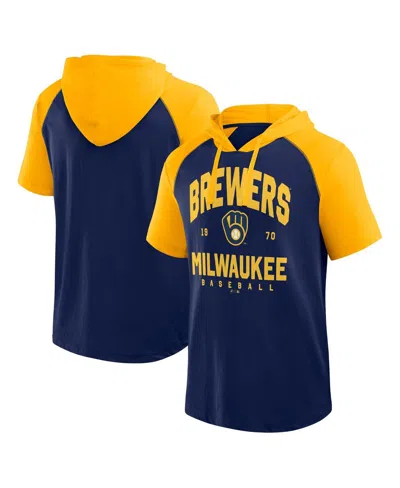 Logo Athletic Men'sâ Fanatics Navy Milwaukee Brewers Prime Raglan Short Sleeve Hoodie T-shirt