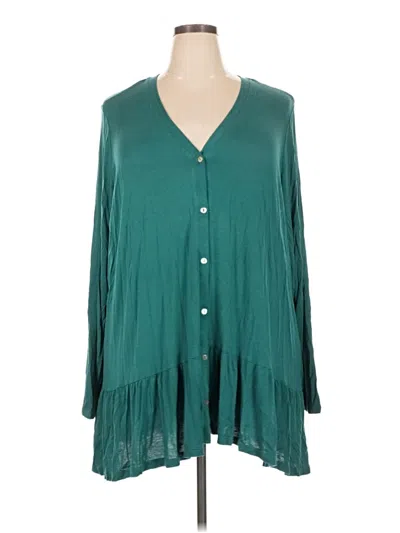 Pre-owned Logo By Lori Goldstein Long Sleeve Silk Top Teal Plunge Neckline Tops