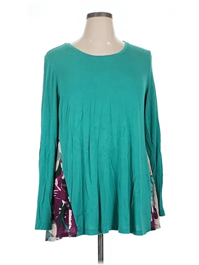 Pre-owned Logo By Lori Goldstein Long Sleeve Top Teal Floral Pattern Boatneck Tops In Blue