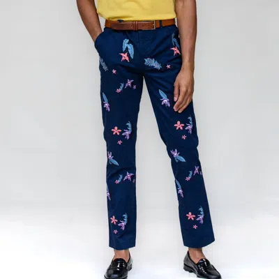 Loh Dragon Charles Flower Embroidery Pant In Blue