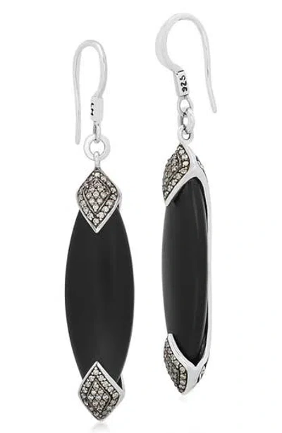 Lois Hill Rhodium Plated Sterling Silver Black Onyx & Brown Diamond Marquise Drop Earrings In Charcoal Black/silver
