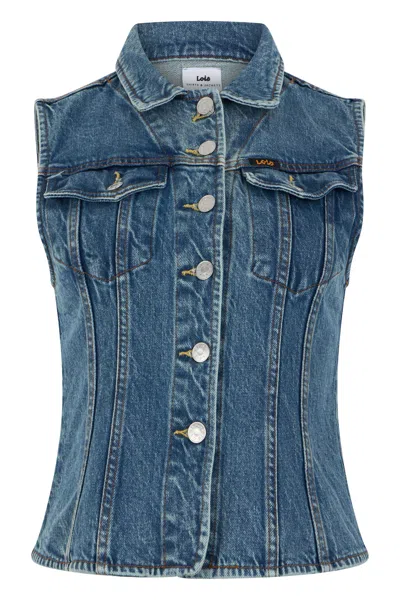 Lois Jeans Denim Gilet Denim Vest With Buttons And Chest Pockets In Blue