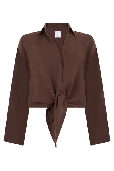Lois Jeans Linen Crop Top With Front Knot Blouse In Brown