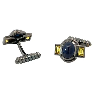 Pre-owned Lois Sasson Design 18k Gold Blue And Yellow Sapphire Cufflinks