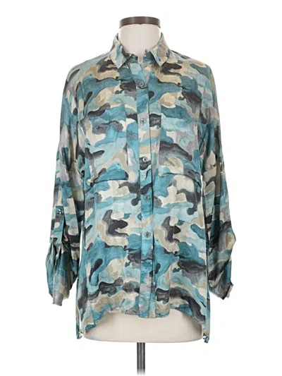 Pre-owned Lola And Sophie 3/4 Sleeve Silk Top Teal Camo Pattern Mock Neckline Tops In Blue