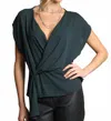Lola And Sophie Asymmetric Drape V-neck Top In Pine In Gray