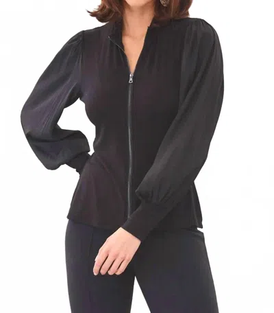 Lola And Sophie Balloon Sleeve Zip Front Top In Black