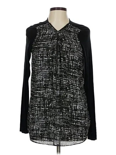 Pre-owned Lola And Sophie Long Sleeve Silk Top Black Print Pattern V-neck Tops