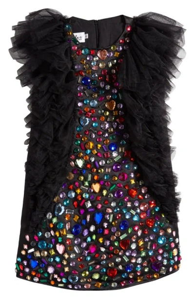 Lola & The Boys Kids' Bejeweled Gem Tulle Dress In Black Multi