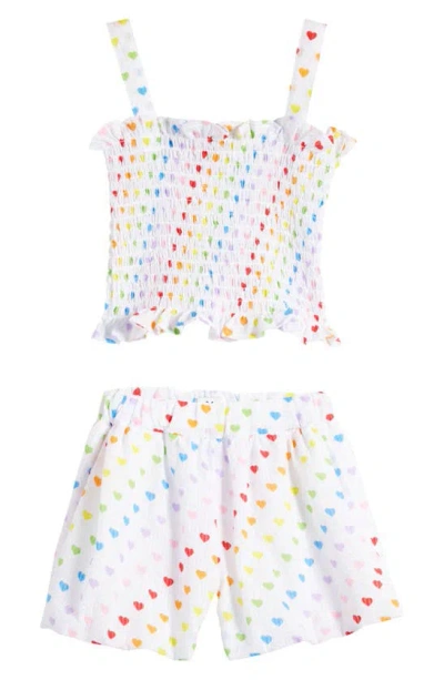 Lola & The Boys Kids' Rainbow Heart Smocked Tank & Shorts Set In White/ Multi