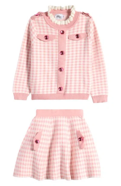 Lola & The Boys Lola + The Boys Kids' Gingham Check Faux Gem Sweater & Skirt Set In Pink