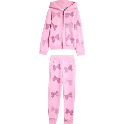 Lola & The Boys Kids' Rhinestone Bow Zip-up Hoodie & Joggers Set In Pink