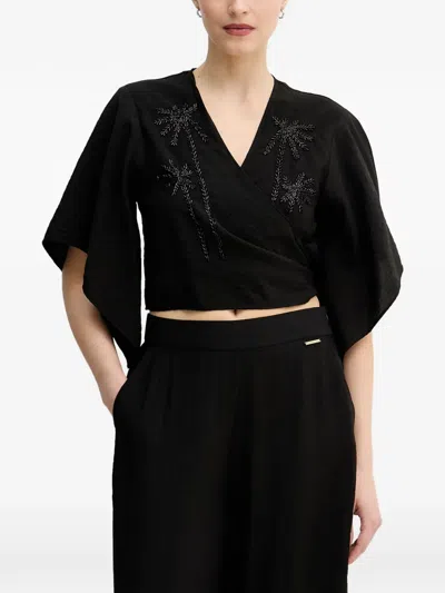 Lola Casademunt Beaded-palm-tree Wrap-design Top In Black