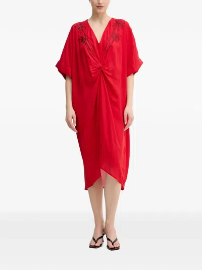 Lola Casademunt Bead-embellished Twist-detail Midi Dress In Red