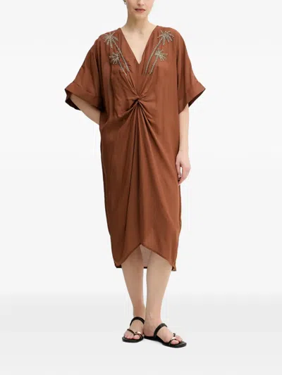 Lola Casademunt Bead-embellished Twist-front Midi Dress In Brown