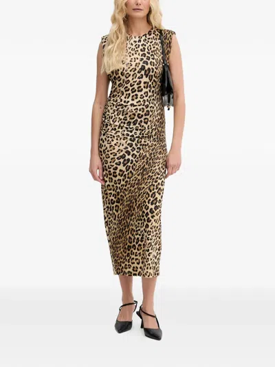Lola Casademunt Leopard-print Gathered Midi Dress In Brown