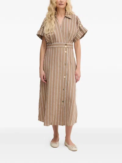 Lola Casademunt Striped Button-down Midi Dress In Brown