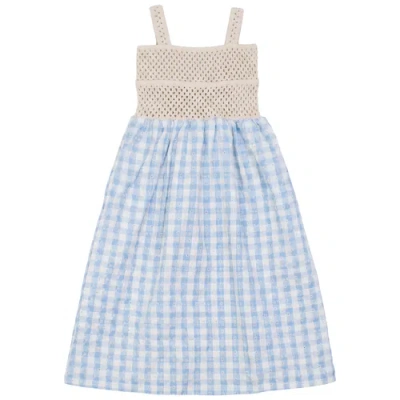 Lola Kids'  Checkered Flower Embroidery Crochet Bodice Maxi Jumper In Blue
