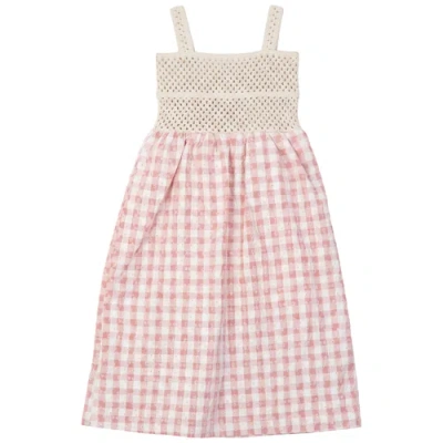 Lola Kids'  Checkered Flower Embroidery Crochet Bodice Maxi Jumper In Pink
