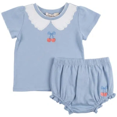 Lola Babies'  Cherry Print Two Piece Short Sleeve Top And Bloomers Set In Blue