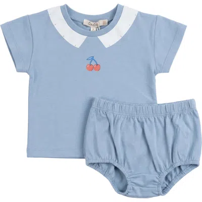 Lola Babies'  Cherry Print Two Piece Short Sleeve Top And Matching Bloomers Set In Blue