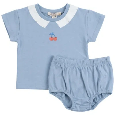 Lola Babies'  Cherry Print Two Piece Short Sleeve Top And Matching Bloomers Set In Blue